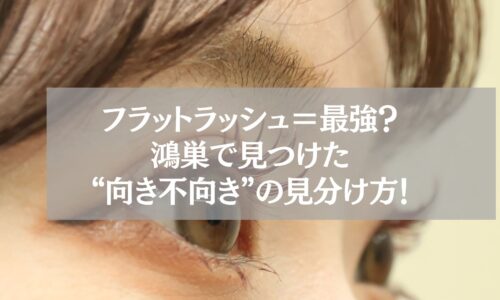 フラットラッシュを装着した女性の目元と“向き不向き”を解説するテキスト入り画像